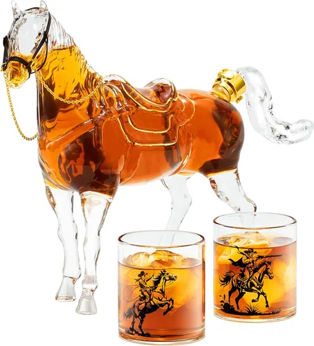 Kollea - Regalos de cumpleaños para hombres y papá, juego de decantador de whisky con forma de caballo con 2 vasos de vaquero, dispensador de licor
