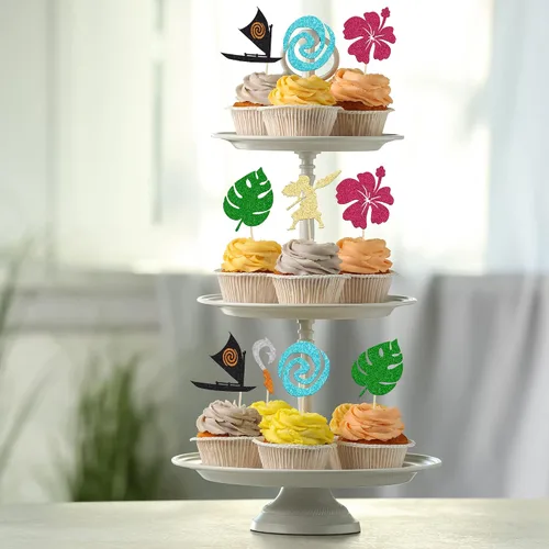 Miniatura 5 de 24 piezas inspiradas en Mo para cupcakes de cumpleaños con purpurina de hoja de palma, flor de moana, decoración de fiesta de cumpleaños hawaiana