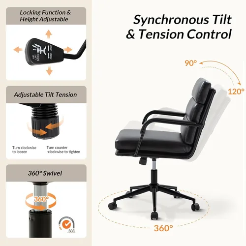 Miniatura 3 de HULALA HOME Silla moderna de piel sintética para oficina en casa con bloqueo de inclinación y base de metal, silla de escritorio con ruedas y cojín