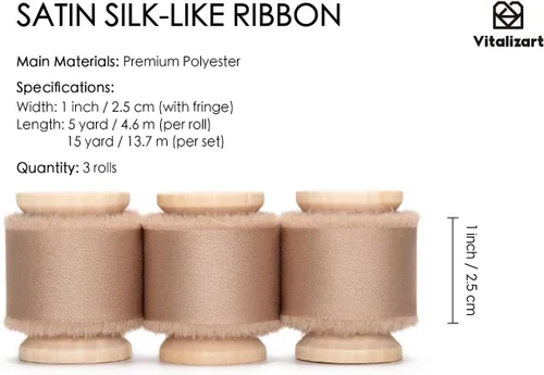 Miniatura 2 de Vitalizart Cinta de Satén de Seda de 1 Pulgada x 15 Yardas Carrete de Madera Champán Cinta Deshilachada Hecha a Mano para Envolver Regalos Baby