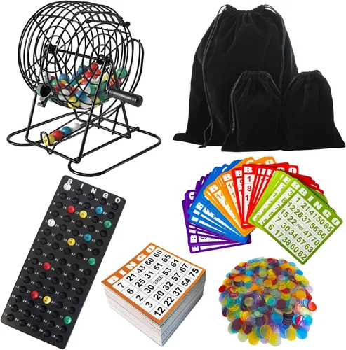 SEETOOOGAMES Juego de Bingo de Lujo - Jaula de Metal, 50 Tarjetas de Bingo, 500 Hojas de Papel, 500 Fichas, 75 Pelotas, Tablero Maestro de Plástico