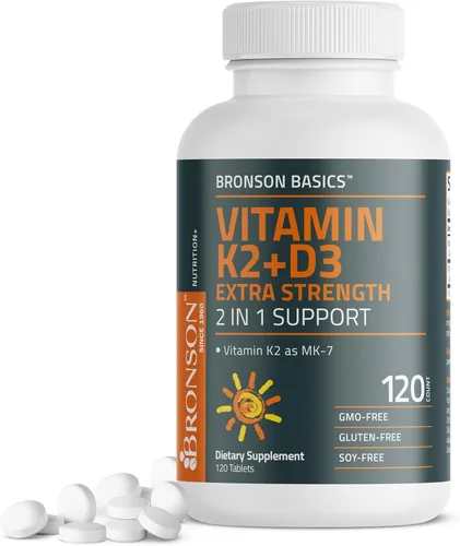 Bronson Vitamina K2 (MK7) con Suplemento D3 Fuerza Extra 2 en 1 Soporte, 10,000 UI Vitamina D3 y 120 mcg K2 MK-7, 120 Tabletas