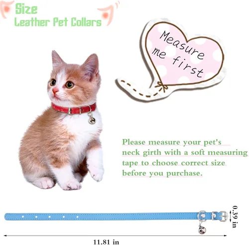 Miniatura 2 de Weewooday 6 piezas de collar de cuero para gato con campana, lindo collar de cuero para gatito para niños y niñas, gatos para gatitos pequeños