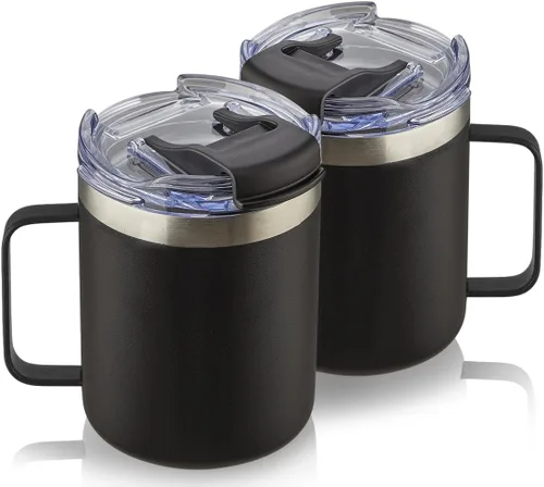 Miniatura 25 de Taza de café aislada de 12 onzas con asa, taza de café de viaje de acero inoxidable con tapa abatible, vaso de café de doble pared con aislamiento