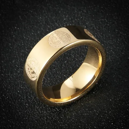 Miniatura 3 de HZMAN Anillo de exorcismo de San Benito para hombre, de acero inoxidable, cruz católica, romana, protección de demonios, cazador de fantasmas, oro