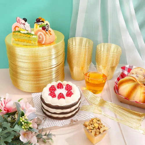 Miniatura 2 de Honeydak Juego de vajilla de plástico con purpurina dorada de 300 piezas para 100 invitados, 100 platos de boda de 7.5 pulgadas, 100 tazas doradas