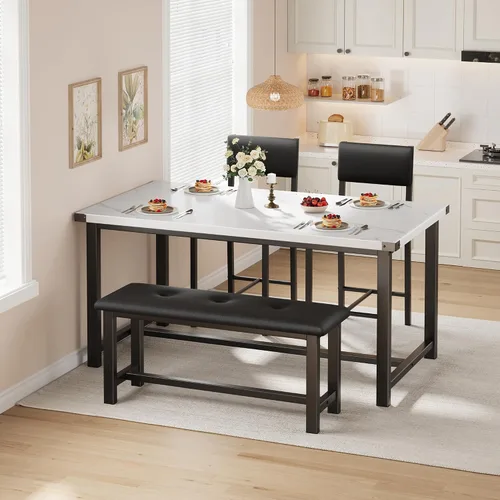 Miniatura 5 de Juego de mesa de comedor de madera Garvee para 4, mesa de cocina y 2 sillas tapizadas con banco, juego de comedor rectangular, para espacios Mármol