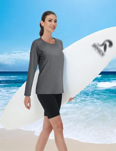 Miniatura 7 de MAGCOMSEN Camisetas de manga larga para mujer, con protección solar UPF 50+, protección solar, atlético, correr, natación, protección contra