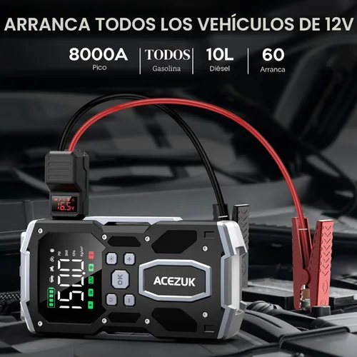 Miniatura 2 de ACEZUK - Arrancador portátil para automóvil con compresor de aire, 160PSI 8000A (todo gasolina/10.0L diesel), batería de 12 V con pantalla LCD
