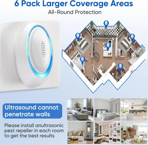 Miniatura 5 de Repelente ultrasónico de plagas, paquete de 6 unidades, repelente electrónico de plagas para interiores para sala de estar, oficina, almacén