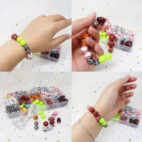 Miniatura 3 de Honbay 15 estilos de cuentas redondas de acrílico para deportes, baloncesto, tenis, voleibol, béisbol, rugby, fútbol, cuentas para hacer pulseras