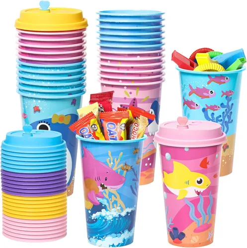 Lidmada Vasos de regalo con tapas para fiestas de tiburón, paquete de 24 tazas de fiesta de cumpleaños en 4 colores, 16 onzas de plástico con