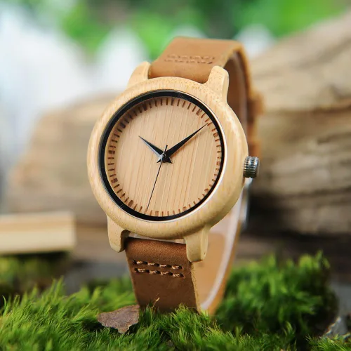 Miniatura 7 de BOBO BIRD Reloj de madera de bambú para hombre y mujer con correa de cuero de vaca marrón, relojes casuales de cuarzo analógico