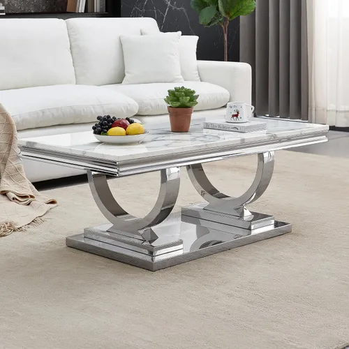 Miniatura 22 de Mesa de centro de mármol negro Henf de lujo, mesa auxiliar rectangular de mármol sintético de imitación con base de acero inoxidable dorado