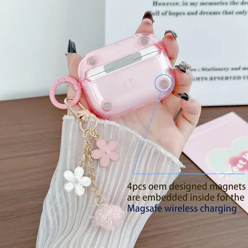 Miniatura 3 de Bonita funda Magsafe para Airpods Pro 2, clip de bloqueo para niñas y mujeres, con dijes de flores y kit de limpieza, TPU suave, Airpods iPod Pro