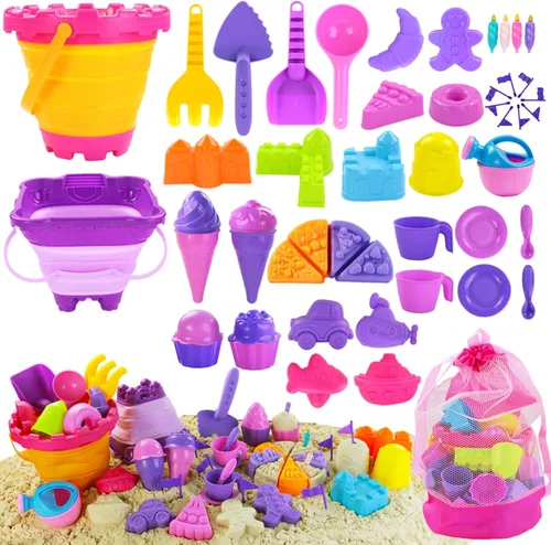Miniatura 8 de Elovien Juego de juguetes de arena de playa, 24 juguetes de caja de arena con bolsa de malla incluida 2 cubos plegables, moldes de arena, palas