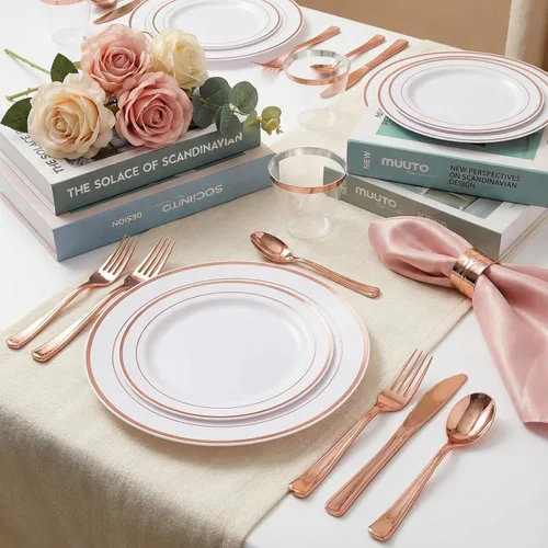 Miniatura 4 de WELLIFE 350 platos de plástico de oro rosa para 50 invitados, juego de vajilla de plástico, suministros para fiestas incluye 100 platos de oro rosa