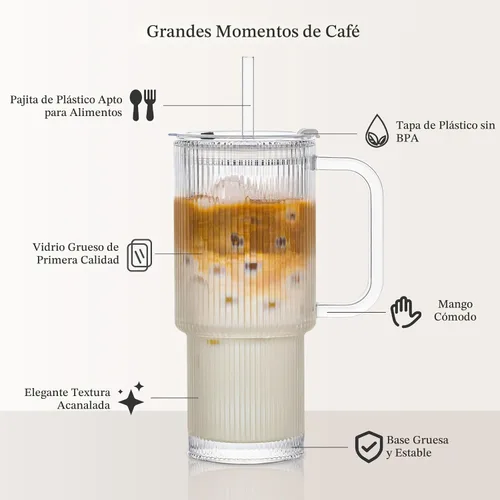 Miniatura 6 de INSETLAN Vaso de vidrio acanalado de 24 onzas con asa y tapa, paquete de 2 tazas grandes para café helado con pajitas, taza de vidrio moderna