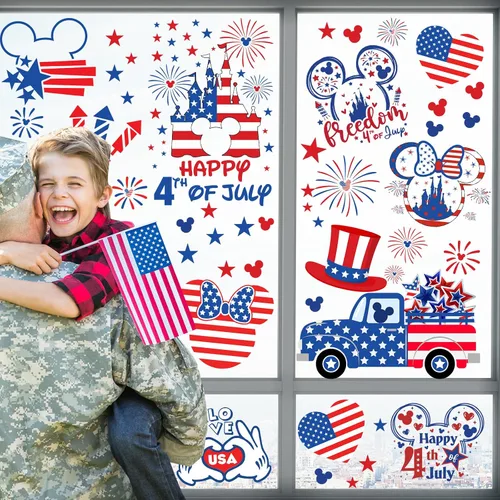 Miniatura 2 de Adhesivos para ventana del 4 de julio, 9 hojas de ratón con bandera americana adhesiva patriótica para ventana, decoraciones para el día