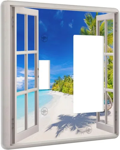 Miniatura 125 de Vista de ventana, isla tropical, playa, palmeras, cielo soleado, cubierta de interruptor de luz de palanca individual, placa decorativa de pared