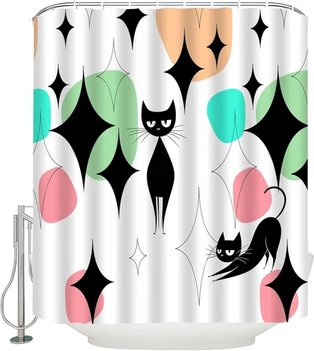 Miniatura 7 de Mid Century Black Cat Shower Curtain Modern Atomic Abstract Geometric Iconic Pattern Retro Black Kitty Animal 1950s 1960s Vintage Funny Teal Fabric