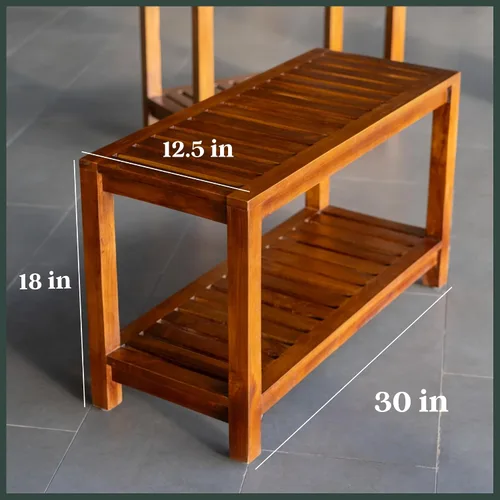 Miniatura 9 de Banco de ducha de teca de 30 pulgadas – Banco de madera totalmente montado con estante, resistente al agua, pies ajustables antideslizantes – Spa
