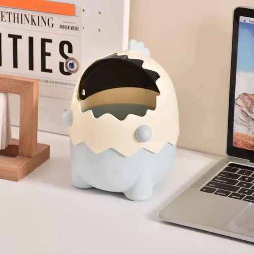 Miniatura 7 de Mini bote de basura con tapa, bonitos botes de basura de escritorio de dinosaurios, pequeño bote de basura de plástico para oficina, tocador de Azul