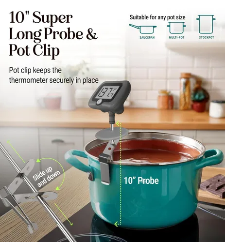 Miniatura 4 de Termómetro digital de dulces con clip para olla, sonda de acero inoxidable de 10 pulgadas de largo, termómetro de cocina de lectura instantánea