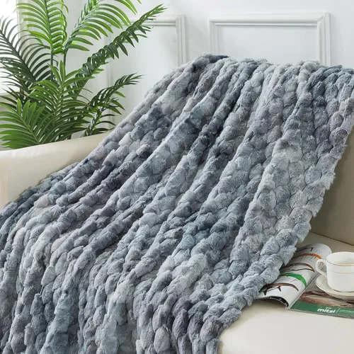 Miniatura 6 de Wajade Manta de piel sintética para sofá, suave patrón de escamas de sirena jacquard, manta de felpa mullida para todas las estaciones, manta