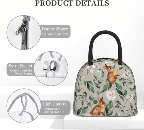 Miniatura 5 de Cute Bunnies - Bolsa de almuerzo grande con diseño de flores rosadas, caja de capacidad para preparar comidas de conejo, bolsa aislada reutilizable