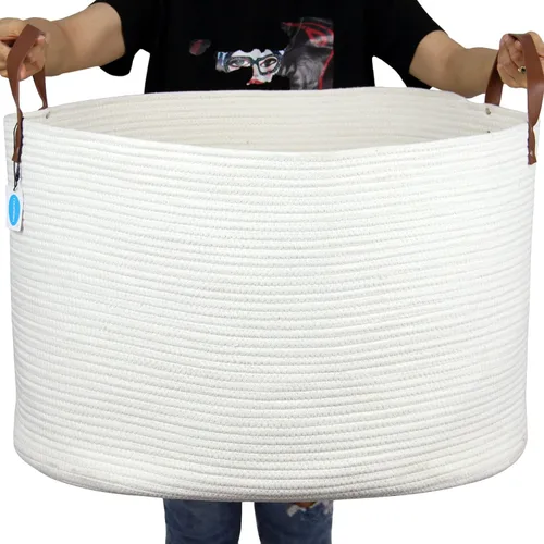 Miniatura 17 de Casaphoria Cesta de cuerda de algodón XXXL para sala de estar, cesta de almacenamiento tejida con asa larga para mantas, toallas y almohadas, cesta