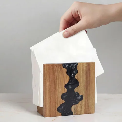 Miniatura 8 de Servilletero artístico, madera de acacia y resina epoxi azul con patrón de ondas oceánicas, base antideslizante gruesa para encimera de cocina