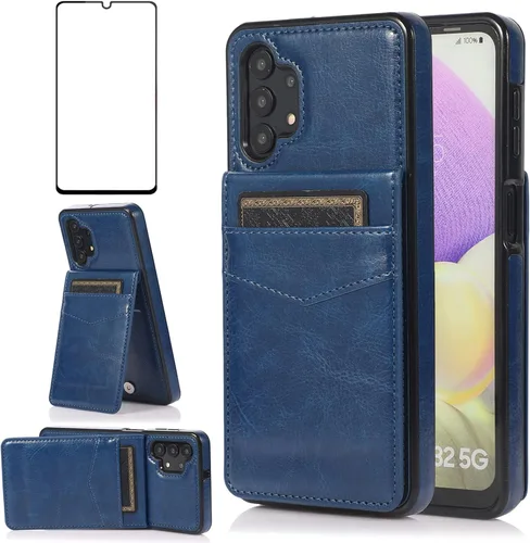 Funda de teléfono para Samsung Galaxy A32 5G de 6.5 pulgadas con protector de pantalla de vidrio templado, soporte para tarjeta de crédito, soporte