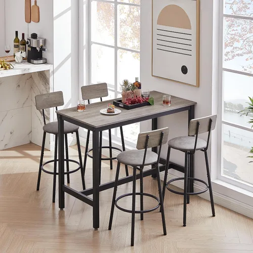 Juego de comedor de juego de palabras de 5 piezas, mesa de bar cuadrada moderna y taburetes para 4 encimeras de cocina, bistró de madera de altura