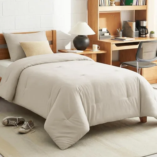 CozyLux - Juego de edredón beige tamaño individual/individual XL, 2 piezas de juego de cama extra largo sólido transpirable acolchado, juego de cama