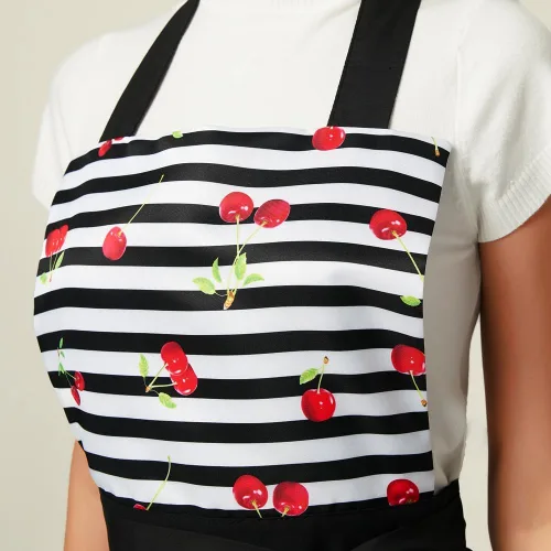 Miniatura 4 de Encantador y cómodo Claccic Negro Rayas y Moda Cereza Falda Delantal Mujer Cocina Mujer Delantal para damas Niñas Esposa Hija (negro), Negro