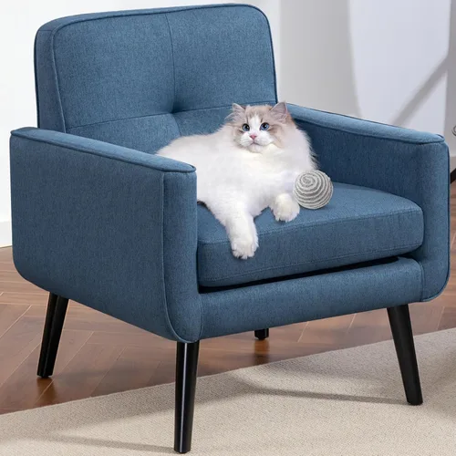 Miniatura 14 de Sillón moderno de acento de mediados de siglo, silla de piel sintética PU con estructura de madera, sillón acogedor para lectura con respaldo cómodo