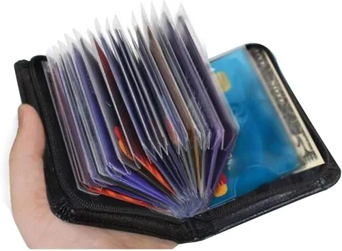 Miniatura 9 de Cartera de piel con bloqueo RFID para hombres y mujeres con cremallera, gran capacidad de almacenamiento, Marrón, Negro