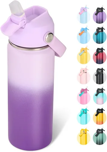 Miniatura 9 de Fijinhom Botella de agua aislada de acero inoxidable de 18 oz, de boca ancha, de doble pared, con vacío, con pajita de silicona, a prueba de sudor