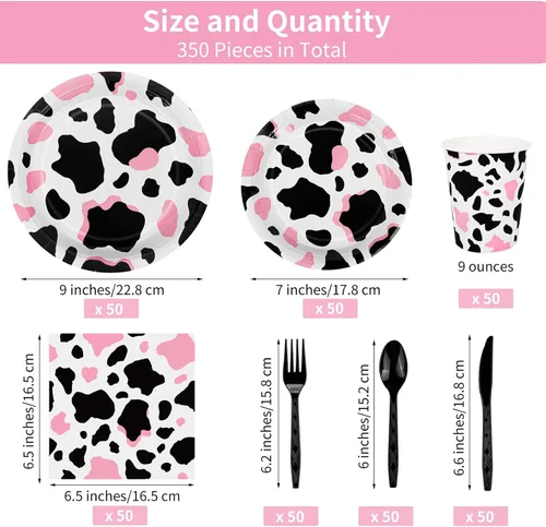 Miniatura 2 de Durony 350 piezas juego de vajilla de fiesta rosa con estampado de vaca que incluye platos, tazas, servilletas, cuchillos, tenedores, cucharas
