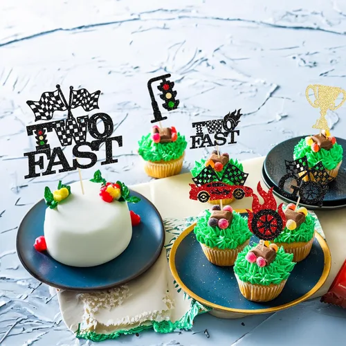 Miniatura 7 de Gyufise 25Pcs Dos Decoraciones Rápidas de Tarta, Decoraciones de Tarta de Coche de Carreras, Decoraciones de Magdalenas con Tema de Carreras