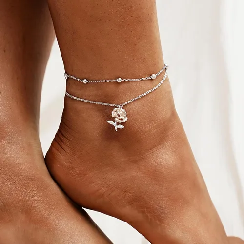 Miniatura 68 de CHIC & ARTSY Tobilleras delicadas de plata de ley S925 para verano, pulsera de tobillo ajustable multicapa para playa, joyería de pie para mujer