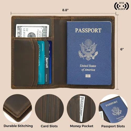 Miniatura 4 de Cartera de viaje para pasaporte para hombre, funda de pasaporte de cuero, con bloqueo Rfid, soporte para pasaporte para parejas, para 2, Porta