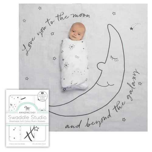 Miniatura 14 de Amazing Baby Juego de 3 mantas de muselina de algodón, pinceladas de acuarela, denim, XL 46 x 46 pulgadas Negro suave
