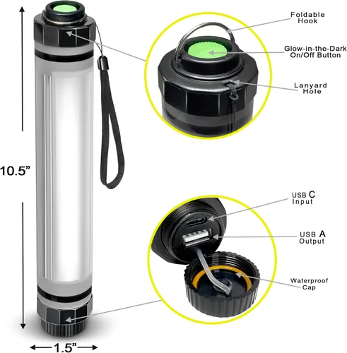 Miniatura 8 de SunJack LightStick Camplight - Linterna LED recargable impermeable y banco de energía Linterna de camping portátil para senderismo, mochilero