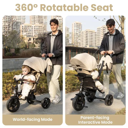 Miniatura 3 de QPlay Cochecito de bicicleta para bebés de 10 meses a 6 años de edad, cochecito plegable 8 en 1 para niños pequeños de 3 a 5 años, triciclo de Beige