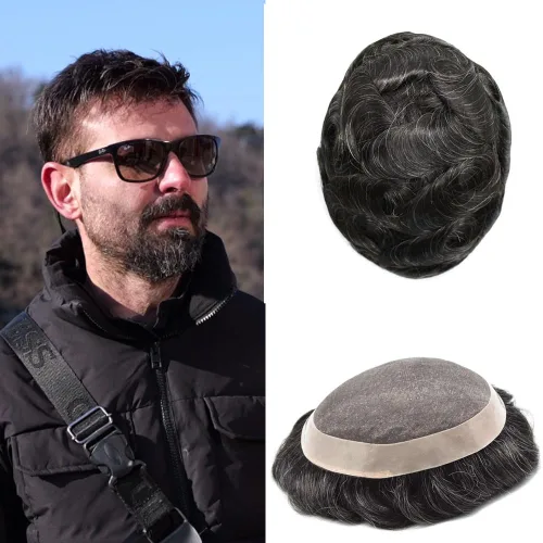 Miniatura 43 de Mens Toupee Hair Piece For Men Fine Mono Men Hair System Toupee For Men Hair Piece Real Human Hair System For Men Protesis Capilar Para Hombre 6x9