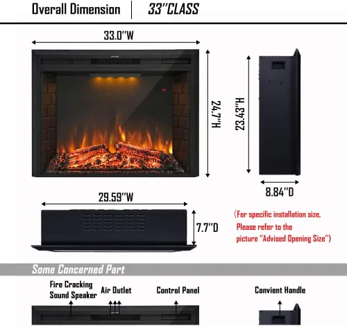 Miniatura 5 de Inserto de chimenea eléctrica de 33 pulgadas, chimenea eléctrica empotrada retro con sonido de crepitación de fuego, control remoto y temporizador