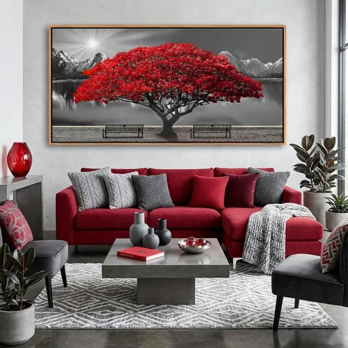 Miniatura 13 de Mofutinpo Arte de Pared de Árbol Rojo en Blanco y Negro Impresión en Lienzo Cuadro Paisaje de Árbol Rojo Grande Obra de Arte Moderna para Sala