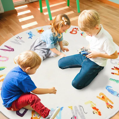 Miniatura 3 de Alfombra redonda de 5.2 pies con diseño de animales ABC para niños, lavable, antideslizante, tapete educativo del alfabeto, bonita alfombra